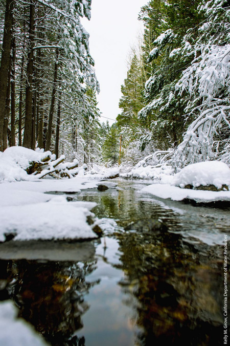 Recent snowfall near the headwaters of the South Fork of the American River in the Eldorado National Forest. Climate change is expected to decrease average winter snowpack in the Sierra Nevada 25% by 2050.